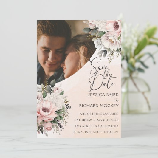 Save The Date Floral Blush rose Mariage Photo Enregistrer la car (Debout devant)