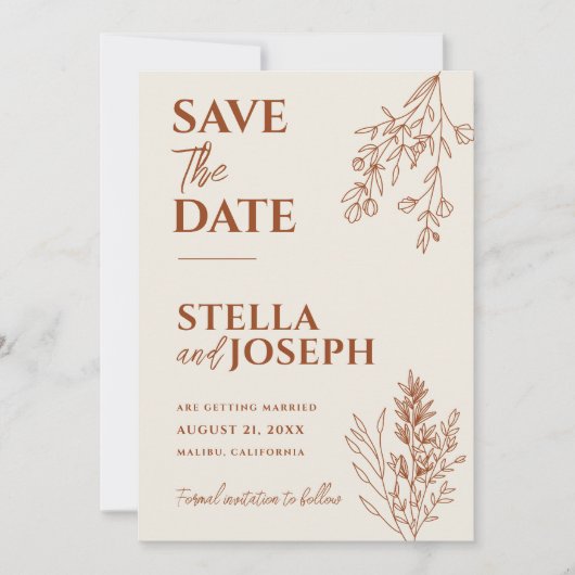 Save The Date Floral Boho Beige Terracotta Herbal Mariage modern (Devant)