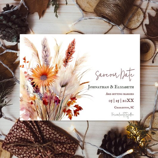 Save The Date Floral Boho d'automne | Blanc Enregistrer La Date