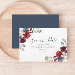 Save The Date Floral Bourgogne Aquarelle Botanique Dusty Blue