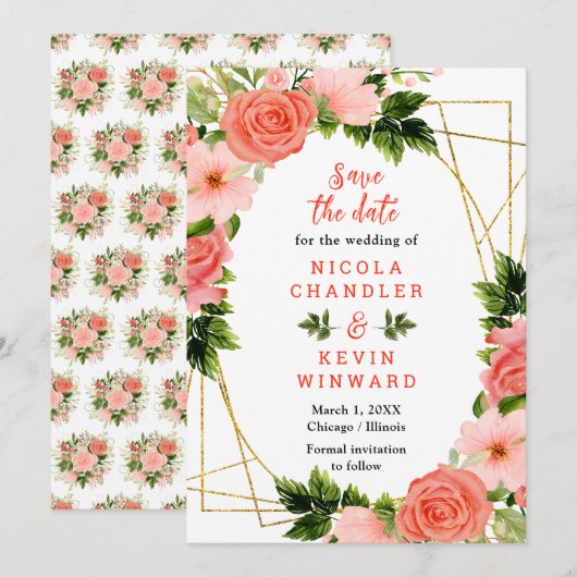 Save The Date Floral Coral Red Roses Wedding (Devant / Derrière)