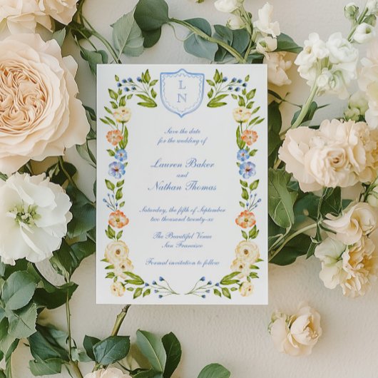 Save The Date Floral Crest Frame Wedding