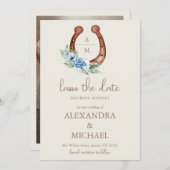 Save The Date Floral Crest Western Horseshoe Monogram Mariage (Devant / Derrière)
