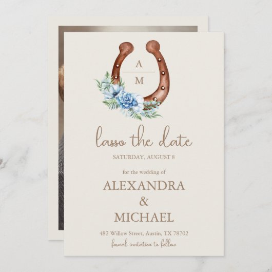 Save The Date Floral Crest Western Horseshoe Monogram Mariage (Devant / Derrière)