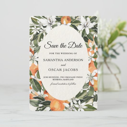 Save The Date Floral d'agrumes orange rustique | Elegant Boho (Debout devant)