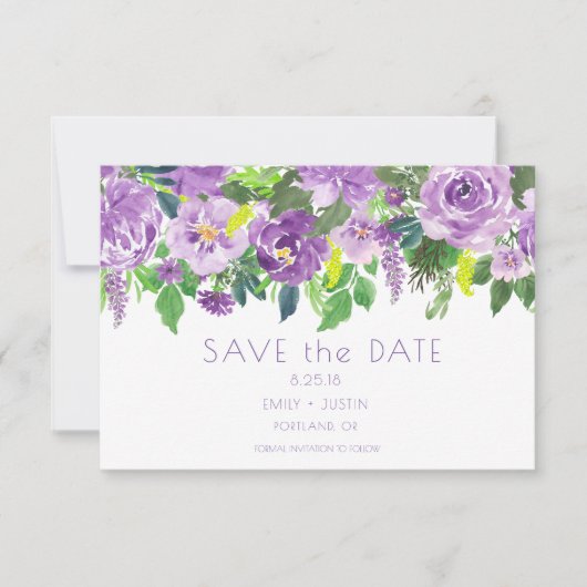 Save The Date Floral d'aquarelle violette et verte Enregistrer l (Devant)