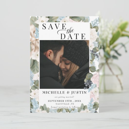 Save The Date Floral d'hiver | Mariage photo rustique (Debout devant)