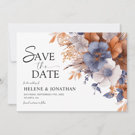 Save The Date Floral Elegant Dusty Blue Terracotta Mariage (Devant)