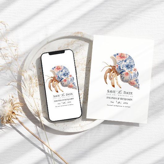 Save The Date Floral Hermit Crab Coastal Beach Wedding Nautical
