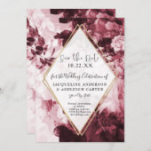 Save The Date Floral Marsala Rouge Or géométrique w Script (Devant / Derrière)