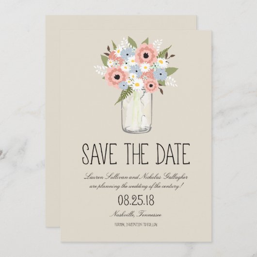 Save The Date Floral Mason Jar Enregistrer la date (Devant / Derrière)