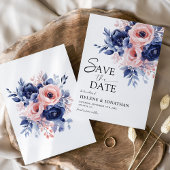Save The Date Floral Navy Blue Blush rose Boho Elégant mariage