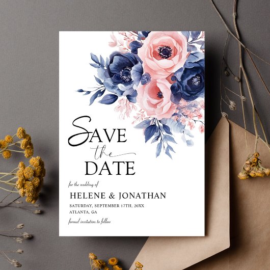 Save The Date Floral Navy Blue Blush rose Boho Elégant mariage
