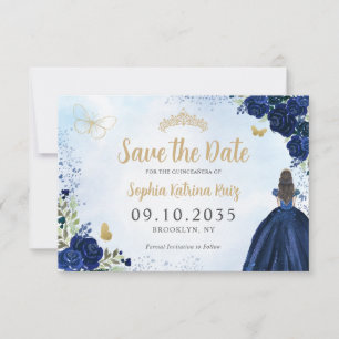 Save The Date Floral Navy Blue Gold Princess Tiara Quinceanera
