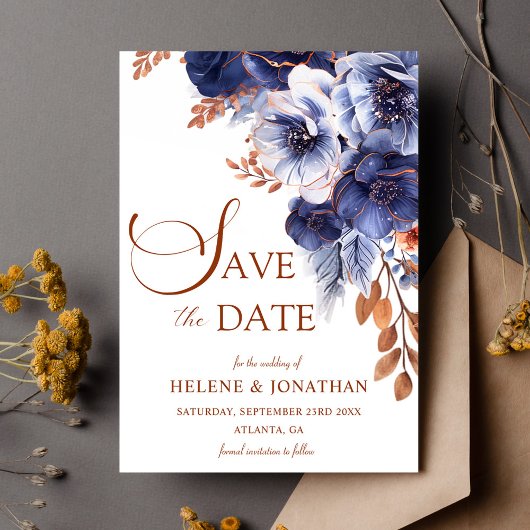 Save The Date Floral Navy Blue Terracotta Boho Elégant mariage