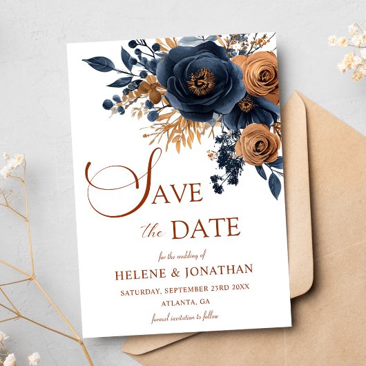 Save The Date Floral Navy Blue Terracotta Garden Mariage élégant