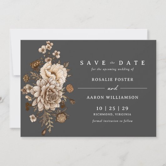 Save The Date Floral noir et neutre | Moody Fall Boho Mariage (Devant)