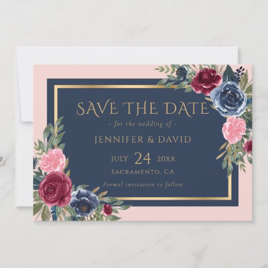 Save The Date Floral or bleu Bourgogne bleu marine moderne (Devant)