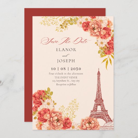 Save The Date Floral Paris mariage tour Eiffel (Devant / Derrière)