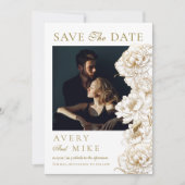 Save The Date Floral Peonies Blanc Golden Elegant Mariage photo (Devant)