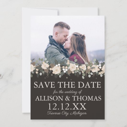 Save The Date Floral Pine vacances Noël d'hiver Mariage (Devant)