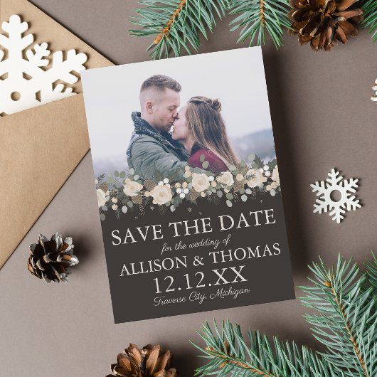 Save The Date Floral Pine vacances Noël d'hiver Mariage