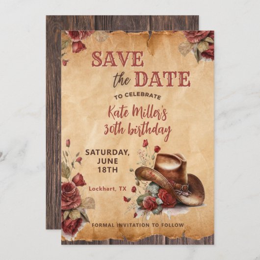 Save The Date Floral Red Western chauve-fille chapeau Anniversai (Devant / Derrière)