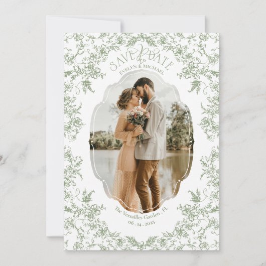 Save The Date Floral Romance Chinoiserie Classic Love Sage Green (Devant)
