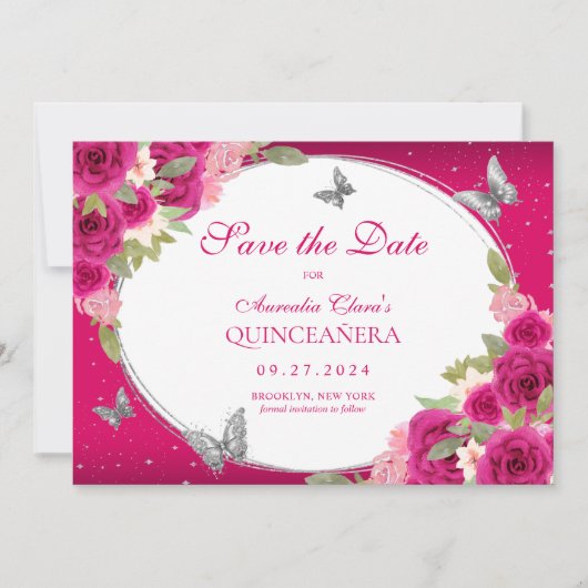 Save The Date Floral rose Argent Tiara Papillon Quinceanera (Devant)