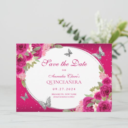 Save The Date Floral rose Argent Tiara Papillon Quinceanera (Debout devant)