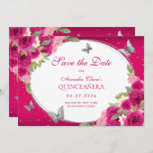 Save The Date Floral rose Argent Tiara Papillon Quinceanera (Devant / Derrière)
