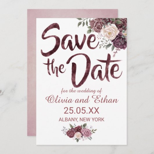 Save The Date Floral Rose Dusty classique sur blanc (Devant / Derrière)