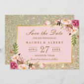Save The Date Floral rose or Parties scintillant mariage Enregis (Devant / Derrière)