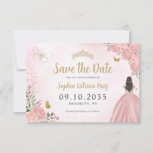 Save The Date Floral rose or princesse Anniversaire Quinceanera (Devant)