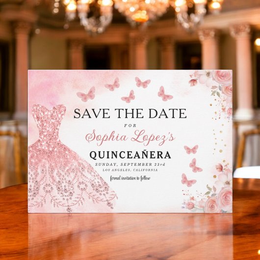 Save The Date Floral rose or princesse Anniversaire Quinceanera