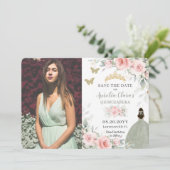 Save The Date Floral rose pâle Princesse Sage Green Quinceañera (Debout devant)