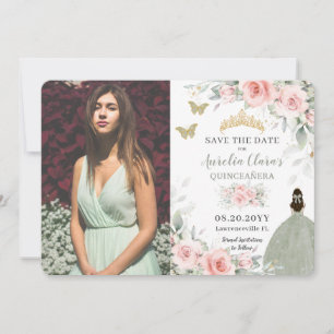 Save The Date Floral rose pâle Princesse Sage Green Quinceañera