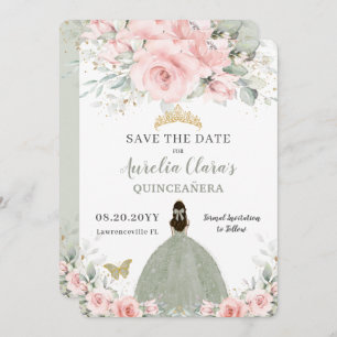 Save The Date Floral rose pâle Princesse Sage Green Quinceañera