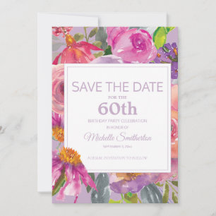 Save The Date Floral rose pourpre 60e anniversaire Date de sauve