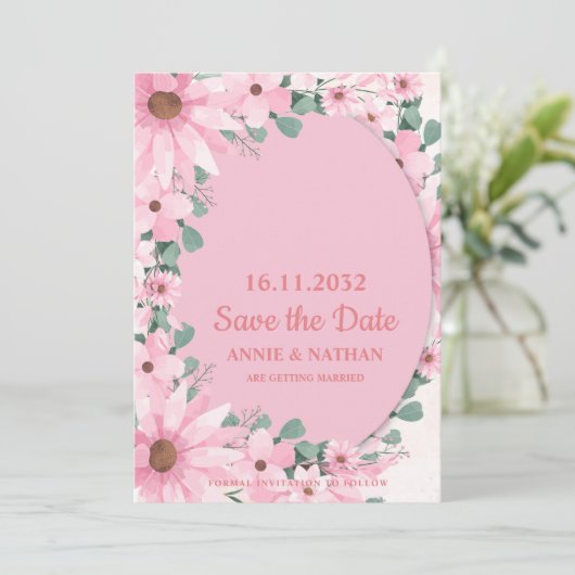 Save The Date Floral rose vif avec mariage encadré Enregistrer l (Debout devant)
