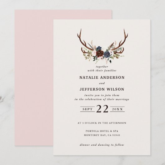 Save The Date Floral rustique et bois mariage marine rose (Devant / Derrière)