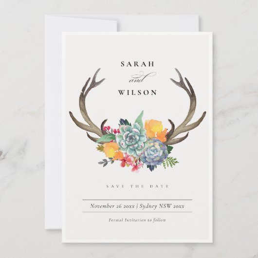 SAVE THE DATE FLORAL SUCCULENT ANTLER BOHEMIAN ENREGISTRER LA DA (Devant)