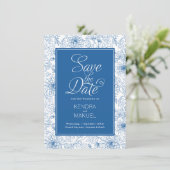 Save The Date Floral Toile Français Bleu Chinoiserie Mariage (Debout devant)