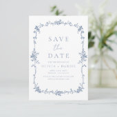 Save The Date Floral victorien Dusty Blue Photo Mariage français (Debout devant)