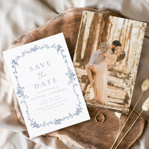 Save The Date Floral victorien Dusty Blue Photo Mariage français
