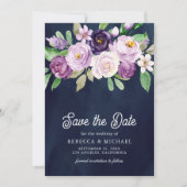 Save The Date Floral violet photo Mariage bleu marine (Devant)