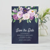 Save The Date Floral violet photo Mariage bleu marine (Debout devant)