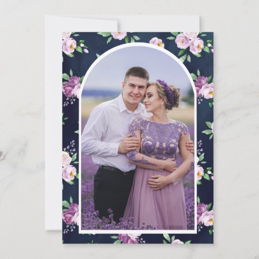 Save The Date Floral violet photo Mariage bleu marine (Dos)