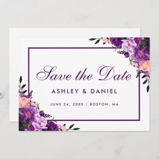 Save The Date Floral Violet Ultra Violet Enregistrer La Date PF (Devant / Derrière)
