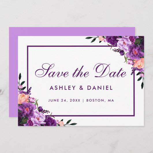 Save The Date Floral Violet Ultra Violet Enregistrer La Date PFV (Devant / Derrière)